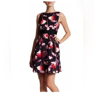 Adrianna Papell pink and red floral sleeveless A-line mini dress.